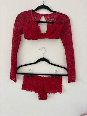 La Vie En Rose Red Lace Long-Sleeve Bralette & Lace Cheeky Short Set